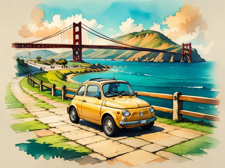(masterpiece:1.2, Best Quality),(very well detailed),(watercolor),8k,details,Thinning,Scenery showing the FIAT500,Golden Gate Bridge