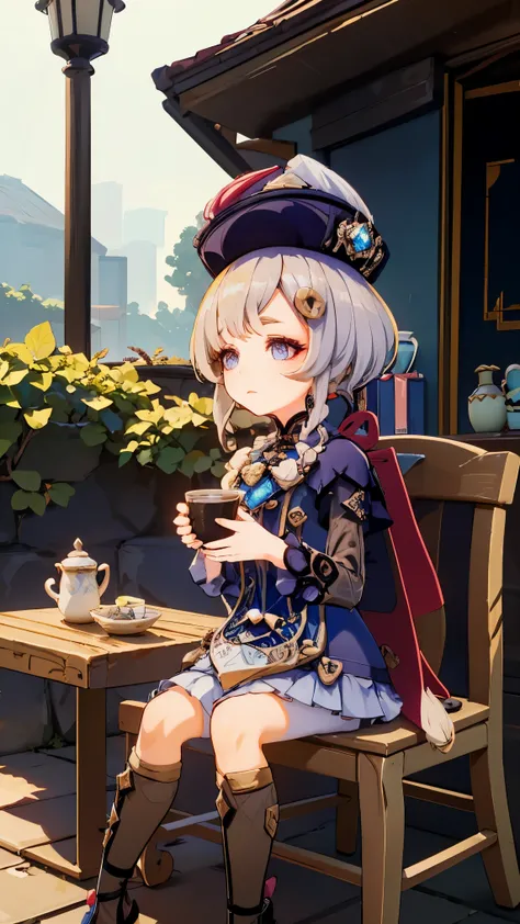 1 girl inspired by the game genshin impact, character Qiqi, sitting on a terrace with her hair blowing in the wind, in fountain city, drinking a cup of tea, in a fantasy world of Teyvat, ultra detailed landscape, bright colors