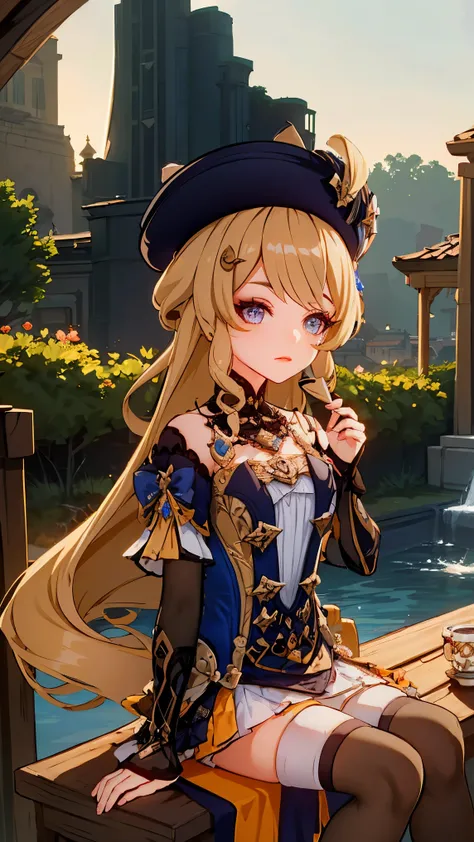1 girl inspired by the game genshin impact, character Qiqi, sitting on a terrace with her hair blowing in the wind, in fountain city, drinking a cup of tea, in a fantasy world of Teyvat, ultra detailed landscape, bright colors