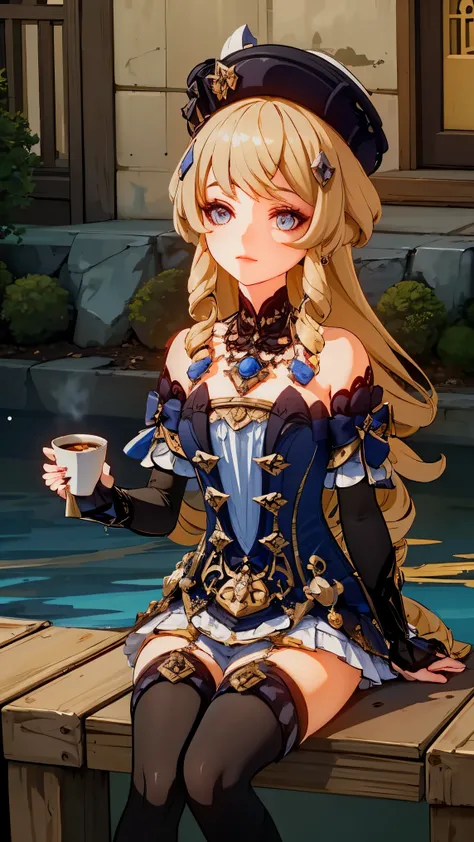 1 girl inspired by the game genshin impact, character Qiqi, sitting on a terrace with her hair blowing in the wind, in fountain city, drinking a cup of tea, in a fantasy world of Teyvat, ultra detailed landscape, bright colors