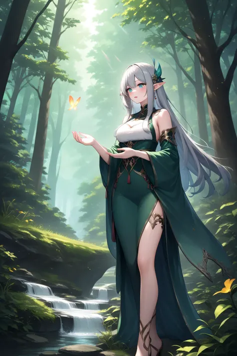 Elf Woman、gray hair、fantasy、Forest Scenery Beautiful Girl、gray hair、graceful standing position、Mysterious Expression、Big Eyes High Quality、4K Rendering、realistic texture、full of details、Realistic Green Forest、soft light、Foggy Air、秘密の場所fantasyアート、Digital Pa...