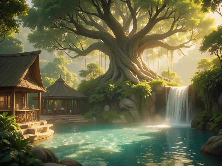 elven theme, fantasy, fairies, Natural pool, Pool bar , huge tree, waterfall, The foliage , background, without characters, 8 k, summer, very green, tree tavern