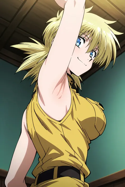 masterpiece, best quality, amazing quality, anime screencap, anime coloring, 1girl, solo, seras victoria, blonde hair, blue eyes, military uniform, yellow uniform, sleeveless, bare shoulders, bare arms, arm up, raised arm, armpit, armpit focus, head toward...