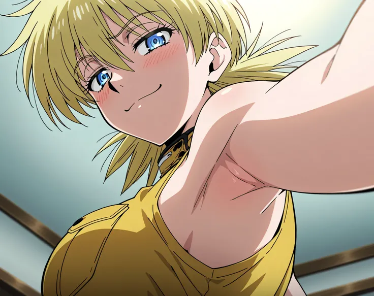 masterpiece, best quality, amazing quality, anime screencap, anime coloring, 1girl, solo, seras victoria, blonde hair, blue eyes, military uniform, yellow uniform, sleeveless, bare shoulders, bare arms, arm up, raised arm, armpit, armpit focus, head toward...