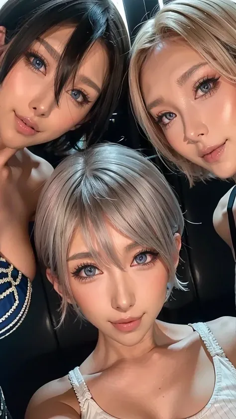 short hair、 look at these 3 beautiful women、Please collect beautiful platinum colored hair、From close to the face 、Collect faces in the center、Smile、Show me your teeth and Smile at me、Surprised Eyes、 Move your face closer to the front 、 ,Look at m...