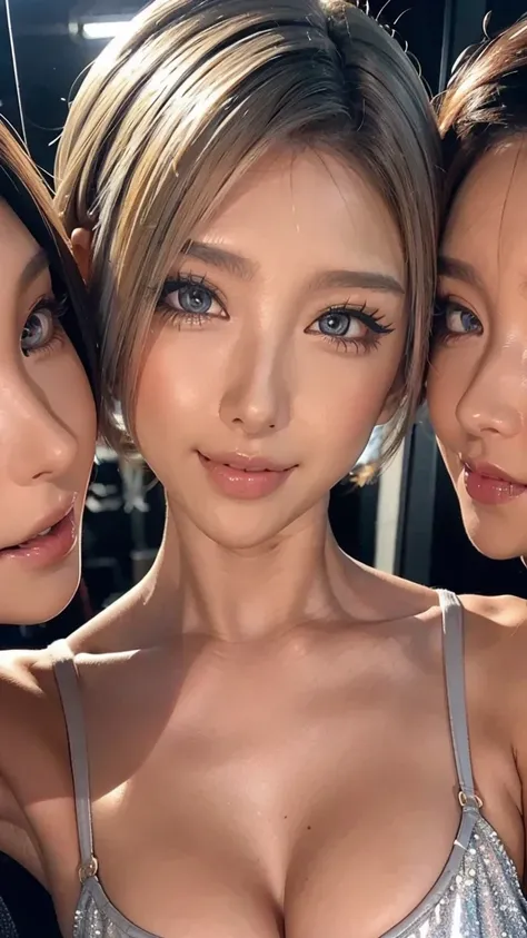 short hair、 look at these 3 beautiful women、Please collect beautiful platinum colored hair、From close to the face 、Collect faces in the center、Smile、Show me your teeth and Smile at me、Surprised Eyes、 Move your face closer to the front 、 ,Look at m...