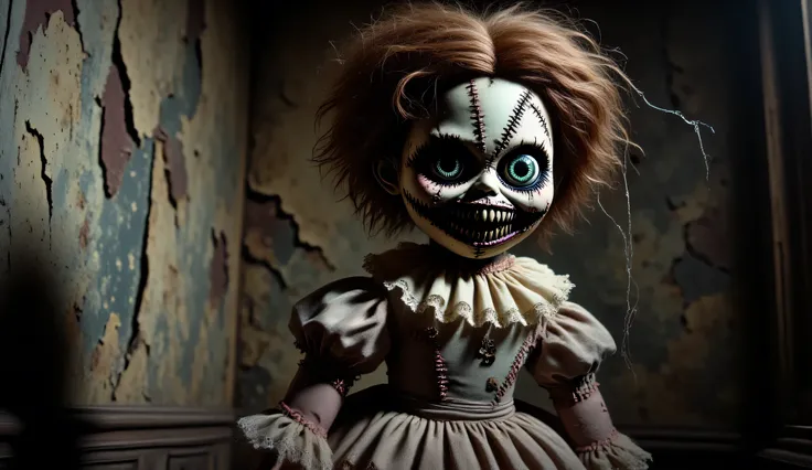 Craft an image that captures the unsettling quality of the creepy Victorian doll. Convey the idea of a doll with a sinister will of its own. Surreal horror, haunting art, Gothic aesthetic, cobwebs, dilapidated room background, high detail, masterpiece.