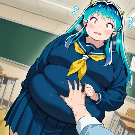 score_9, score_8_up, score_7_up, source_anime,
uruseiyatsuralum, lum, long hair, bangs, blue hair, orange eyes, horns, pointy ears, aqua hair, oni horns, eyeshadow,
shirt, long sleeves, school uniform, serafuku, sailor collar, neckerchief, yellow neckerchi...