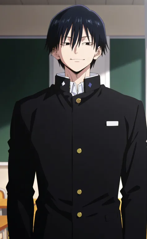 1male,solo,Touji Fushiguro,short hair,hair between eyes,bang,black eyes,cool face,muscle,thug,black gakuran,classroom,