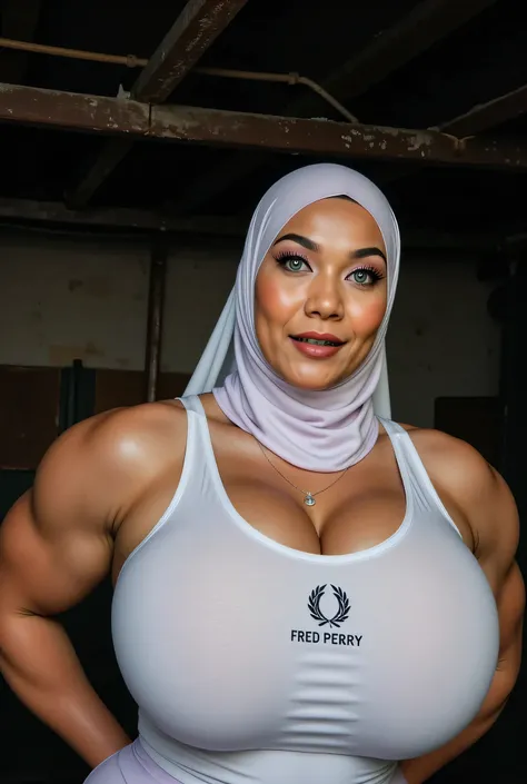 Light blue & pink eyeshadow eyes liner, Oversize dick, Just Front posing, (((MOODY FACE EXPRESSION))), "Wearing White Hijab perfectly",  wearing Scoop Neck Sleeveless cotton Bodysuits strapless swimsuit 'Brand logo 'Fred Perry' Print', (KEDUA BELAH TANGAN ...