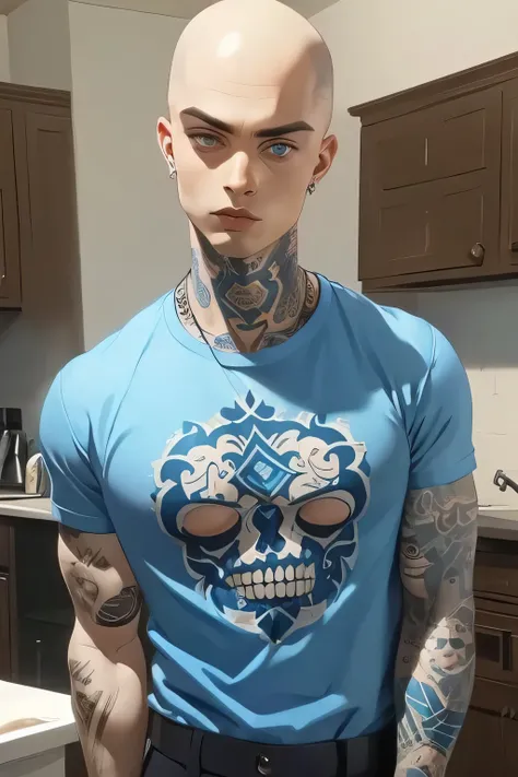 Skinhead man , His body is fully tattooed . Blue eyes . He has his shirt laid bare . Arrogant angry look .