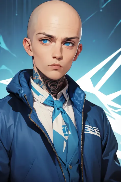 Skinhead man , His body is fully tattooed . Blue eyes . He is wearing a bare windbreaker  .calm look . He has a blue and white scarf around his neck . 