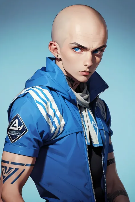 Skinhead man , His body is fully tattooed . Blue eyes . He is wearing a bare windbreaker  .calm look . He has a blue and white scarf around his neck . 
