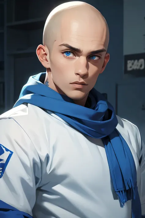 Skinhead man , His body is fully tattooed . Blue eyes . He is wearing a bare windbreaker  .calm look . A football fan wears a blue and white scarf around his neck . 