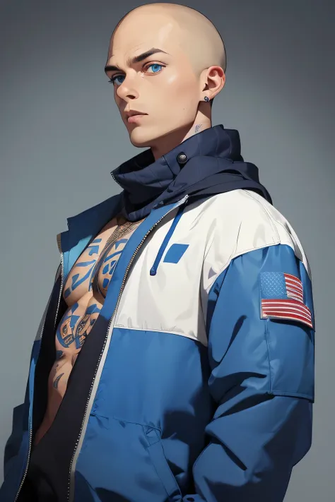Skinhead man , His body is fully tattooed . Blue eyes . He is wearing a bare windbreaker  .calm look . A football fan wears a blue and white scarf around his neck . 