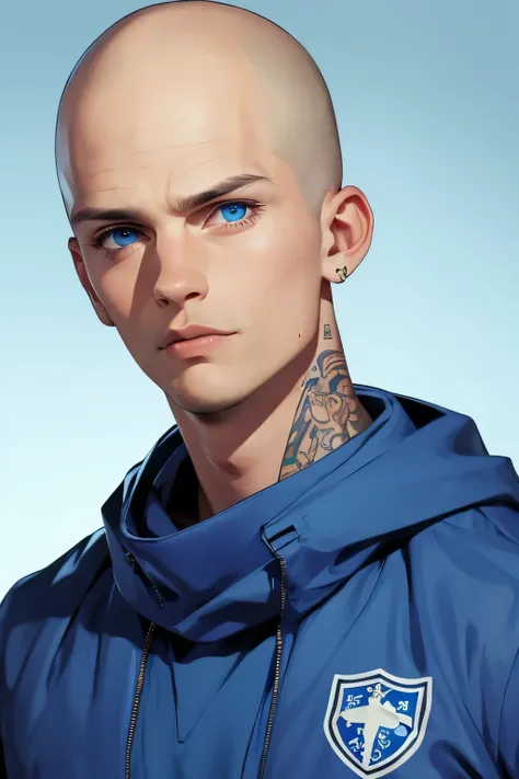 Skinhead man , His body is fully tattooed . Blue eyes . He is wearing a bare windbreaker  .calm look . A football fan wears a blue and white scarf around his neck . 
