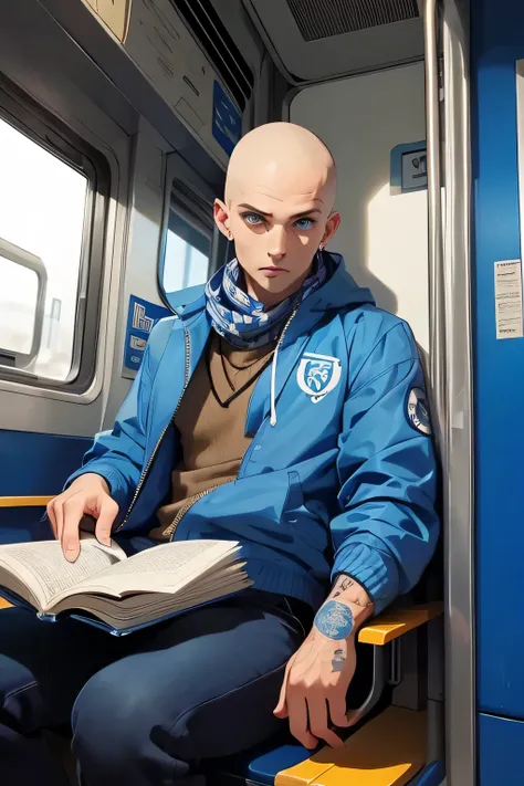 Skinhead man , His body is fully tattooed . Blue eyes . He is wearing a bare windbreaker  .calm look . He's wearing a blue and white soccer fan scarf around his neck . He's sitting in a train chair reading a book . 