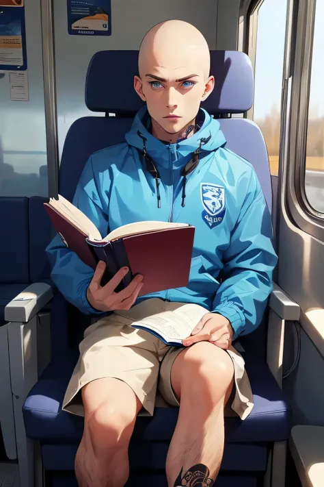 Skinhead man , His body is fully tattooed . Blue eyes . He is wearing a bare windbreaker  .calm look . He's wearing a blue and white soccer fan scarf around his neck . He's sitting in a train chair reading a book . 