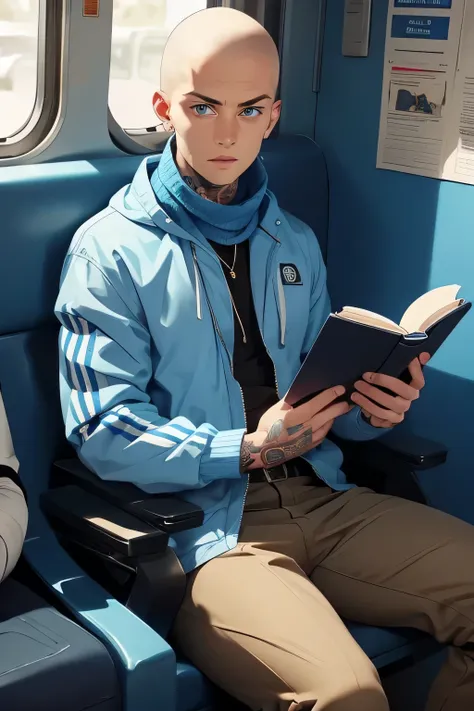Skinhead man , His body is fully tattooed . Blue eyes . He is wearing a bare windbreaker  .calm look . He's wearing a blue and white soccer fan scarf around his neck . He's sitting in a train chair reading a book . 