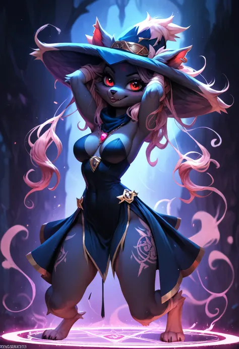 Mismagius suspended nude inside a cartoon-style glowing summoning circle, furry arms outstretched, legs spread, breasts fully exposed and bouncing, ghost chains made of energy wrapping her limbs, magical slime dripping down her belly, hat tilted back revea...