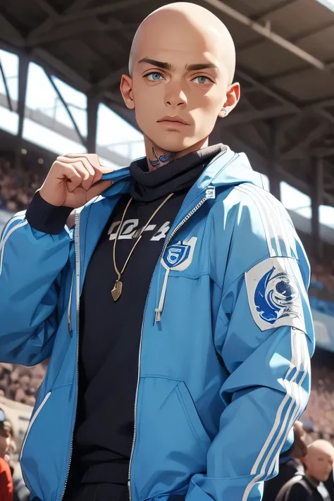 Skinhead man , His body is fully tattooed . Blue eyes . He is wearing a bare windbreaker  . He's wearing a blue and white soccer fan scarf around his neck . He's on the stands of a football game . fist up . Shouts with other fans . 