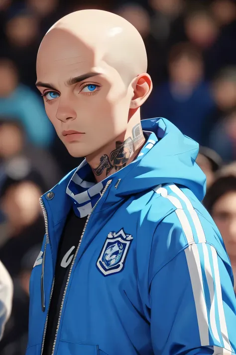 Skinhead man , His body is fully tattooed . Blue eyes . He is wearing a bare windbreaker  . He's wearing a blue and white soccer fan scarf around his neck . He's on the stands of a football game . fist up . Shouts with other fans . 