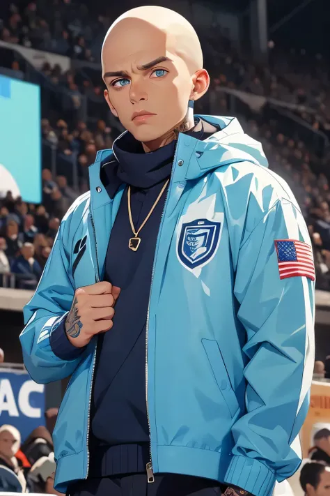 Skinhead man , His body is fully tattooed . Blue eyes . He is wearing a bare windbreaker  . He's wearing a blue and white soccer fan scarf around his neck . He's on the stands of a football game . fist up . Screams furiously with other fans . 