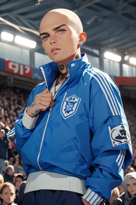 Skinhead man , His body is fully tattooed . Blue eyes . He is wearing a bare windbreaker  . He's wearing a blue and white soccer fan scarf around his neck . He's on the stands of a football game . fist up . Screams furiously with other fans . 