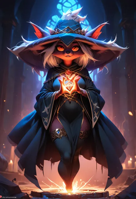Anthro Mismagius floating nude above a glowing pentagram, breasts larger than her torso and hanging like enchanted orbs, hips wide and dripping with ghost magic, tail swirling in the ritual air, clawed hands gripping invisible restraints, realistic ruined ...