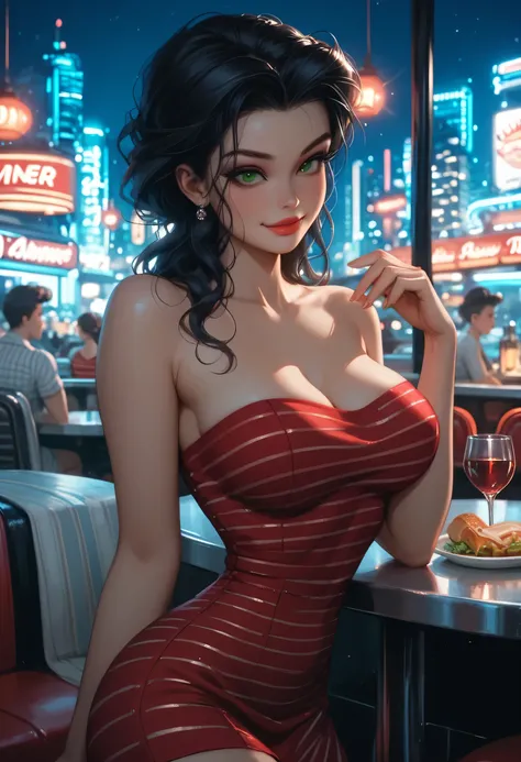 beautiful, detailed, Lonette, black hair, makeup, eyeshadow, green eyes, bare neck, large breasts, voluptuous, strapless red dress, striped dress, short dress, sexy pose, seductive smile, night, diner
