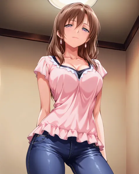 solo, seductive smile, v-neck,pale pink blouse and skirt,cleavage, collarbone, denim, jeans, contrapposto, from below, masterpiece, Highest Quality, Great image quality, (Perfect Anatomy), (balanced, slim body, brown hair, purple eyes, high quality, 16k)