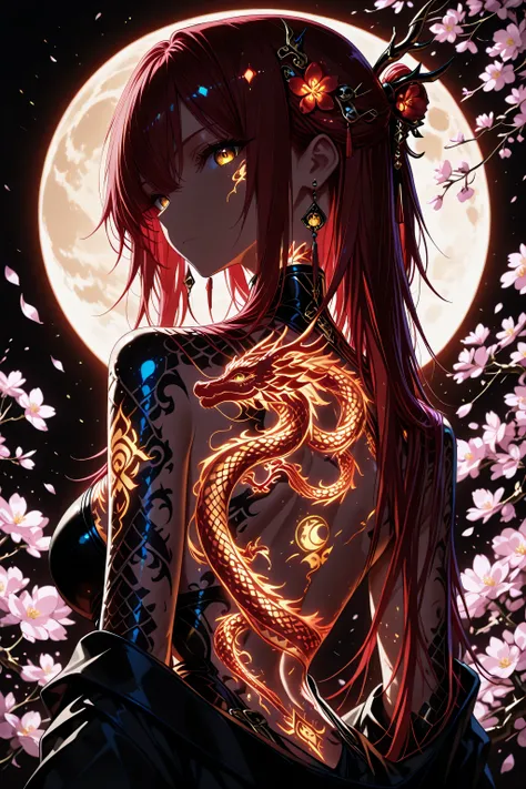 1 woman , golden eyes , very long hair , long sidelocks, red hair ,half updo, petite , very cute , beautiful ,Straight hair, cool, handsome, hair ween eyes, mediumlarge breast, cool, beautiful, dragon tattoo on back, surrounded by many cherry blossom petals. solo, hair ornament, looking back,  flowers, looking at the viewer, flowers in hair, jewelry, from behind, tattoo, back tattoo, earrings, back, moon,   glowing tattoos,bioluminescence, neon glowing hair, chinese dragon scales, bioluminescent skin, dragon tattoo, large dragon backdrop, full moon, intricate, flare marks, glowing marks, flare tattoos, glowing tattoos, glowing, marks, tattoos, from back, back view, pale orange and light red atmosphere, dark cute, intricate and intense elegant, flare marks, glowing marks, flare tattoos, glowing tattoos, glowing, marks, tattoos