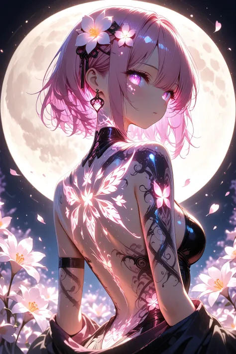 1 girl, violet eyes, light pink hair, short hair, cool, beautiful, medium breast, very cute, lovely, kawaii, Lilies tattoo on back, surrounded by many cherry blossom petals. solo, hair ornament, looking back, flowers, looking at the viewer, flowers in ha...