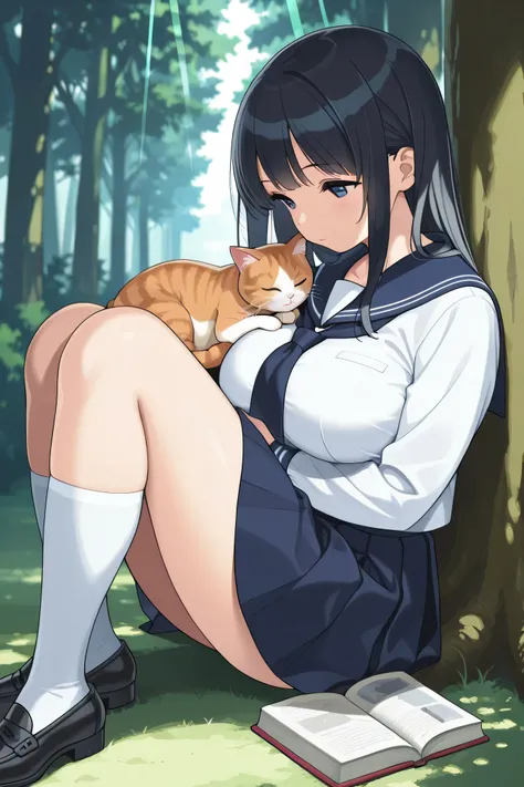 Best Quality、curvy body that shows off your chest、Big breasts、masterpiece、saxophone blue sailor collar blouse、navy pleated skirt。white line on collar and sleeve、Navy ribbon tie on the chest。white high socks and loafers at the feet。Black hair, straight, nat...
