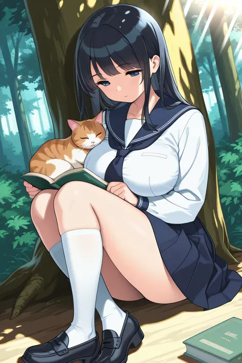 Best Quality、curvy body that shows off your chest、Big breasts、masterpiece、saxophone blue sailor collar blouse、navy pleated skirt。white line on collar and sleeve、Navy ribbon tie on the chest。white high socks and loafers at the feet。Black hair, straight, nat...