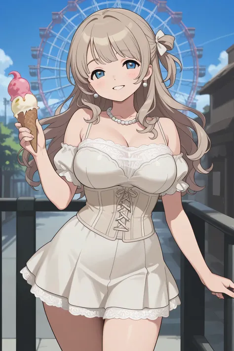Best Quality、curvy body that shows off your chest、Big breasts、masterpiece、White lace bustier style top、fluffy beige miniskirt。The top is integrated with the chiffon blouse and is smiling happily with ice cream in one hand while fluttering the skirt in a、Sm...