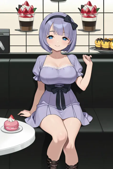 Best Quality、curvy body that shows off your chest、Big breasts、masterpiece、lavender-colored puff sleeve dress。The dress has a high waist and ruffles on the skirt、Knee-length。Small black bow headband、lace socks and white low heel shoes。wavy medium bob。The ba...