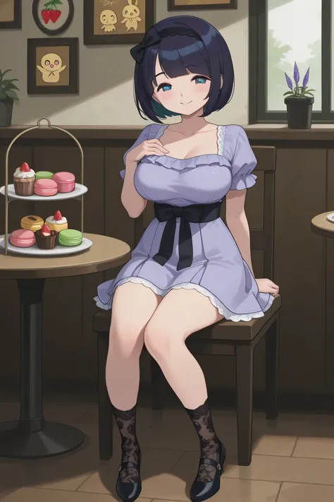 Best Quality、curvy body that shows off your chest、Big breasts、masterpiece、lavender-colored puff sleeve dress。The dress has a high waist and ruffles on the skirt、Knee-length。Small black bow headband、lace socks and white low heel shoes。wavy medium bob。The ba...