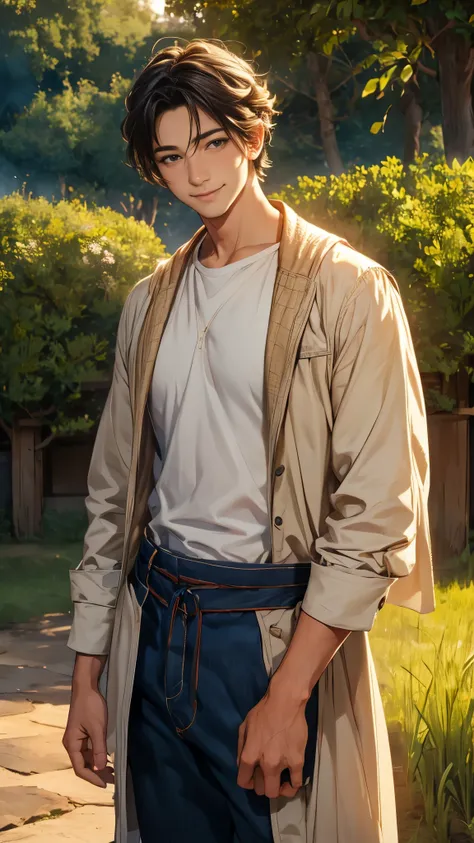 A man who seems kind、standing facing us with a smile, High Quality, Realistic, details, Seimitsu, 4K, HDR, Natural Light, Warm Colors , soft texture, Outdoors, gentle expression, Friendly appearance, gentle atmosphere, has kind eyes, Intimate impression , ...
