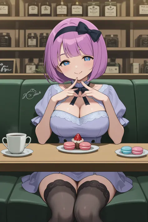 Best Quality、curvy body that shows off your chest、Big breasts、masterpiece、lavender-colored puff sleeve dress。The dress has a high waist and ruffles on the skirt、Knee-length。Small black bow headband、lace socks and white low heel shoes。wavy medium bob。The ba...
