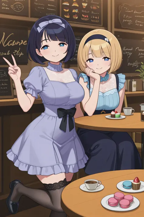Best Quality、curvy body that shows off your chest、Big breasts、masterpiece、lavender-colored puff sleeve dress。The dress has a high waist and ruffles on the skirt、Knee-length。Small black bow headband、lace socks and white low heel shoes。wavy medium bob。The ba...