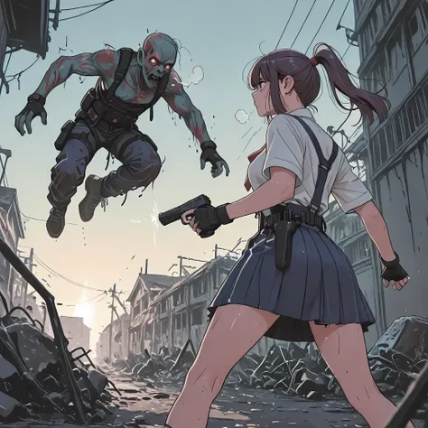 . Close Call: Airborne Assault
Anime comic style illustration, zombie survival, action.
A tall, mature-looking high school girl (JK), her **ponytail** flying, is caught in a perilous moment during a zombie apocalypse. She's in a **defensive combat stance, ...