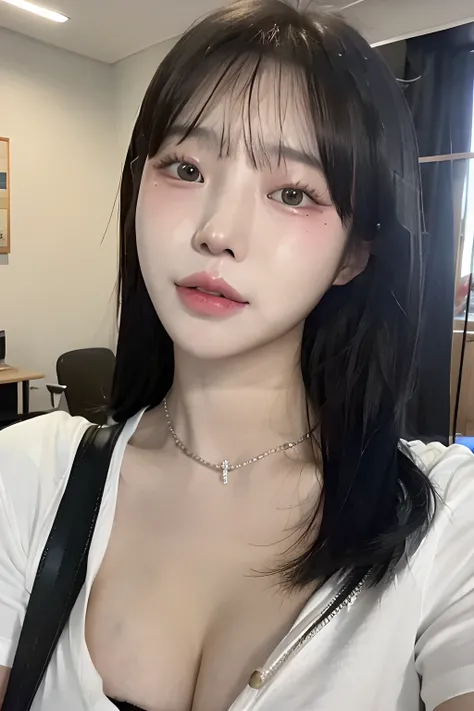 a selfie portrait of a realistic young woman taken with an iPhone, natural lighting, realistic skin texture, slight blur, subtle noise, indoor setting, casual clothes, handheld camera angle, soft shadows, real-world imperfections, not overly filtered, no s...