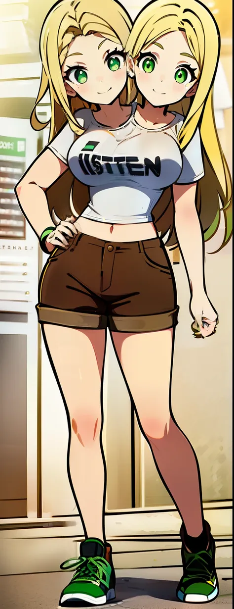 ((16K)), ((two headed girl)), smiling, highres, masterpiece, ((blonde hair:1.5)), ((white t shirt:1.5)), casual outfit, symmetrical proportions, midriff revealing, green eyes, ((brown shorts)), cowboy shots, detailed pupils, (2heads), (1body), (short sleev...