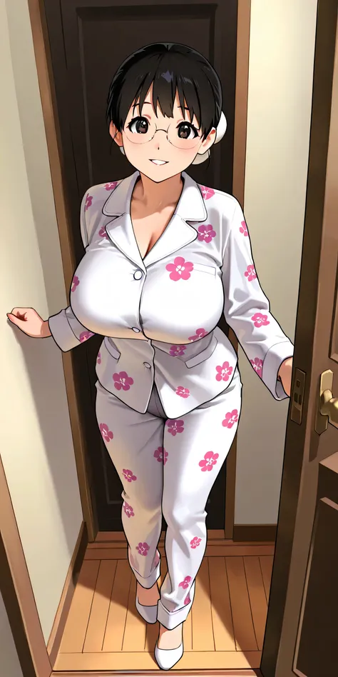 Masterpiece, newest, vibrant, very aesthetic, high contrast, mature woman, tamako nobi\(doraemon\), bun hair, glasses, tall, big breast, white pajamas with floral motif, full body, parted lips, smile, front of the door, best quality, semrealistic, fullmet...
