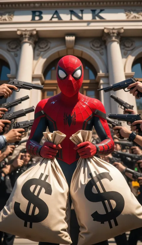 A hyper-realistic, ultra-detailed 8K cinematic shot of Spider-Man in full suit, standing in front of a grand city bank. He is holding two large canvas money bags with dollar signs (“$”), and his body is frozen in a moment of pure shock.
Spider-Man is look...
