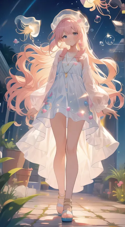 (Girls)　　cute　glitter　Bubble　soap bubbles　Mother Nature　lawn　 Resort　night　Jellyfish　Depict the fantastic　Full Body