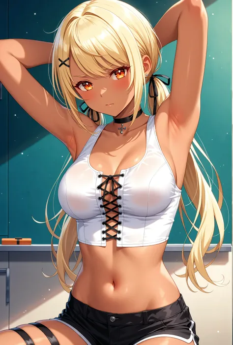 solo,masterpiece,best quality, masterpiece, Super detailed,High resolution,Extremely detailed CG,QpiCos1 dark skinned female, orange eyes, blonde hair, long hair, low twintail, hair ribbon, hairclip, choker, white shirt, midriff, black shorts, thigh strap,...