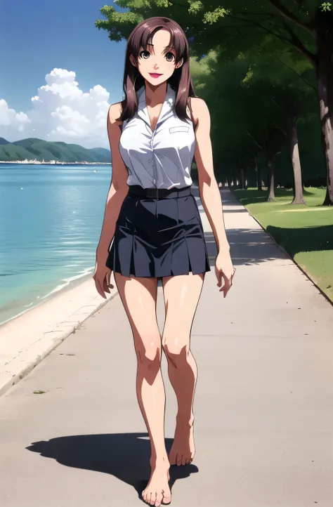 A woman with a lovely smile，Island sightseeing,There is a lake and biotope， Sunny,Can you draw a woman walking leisurely,sleeveless，Pleated Miniskirt,Barefoot，I'm on an artificial island with no people，squirt，There is also a marble building in the distance...