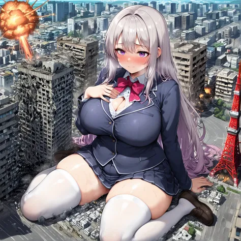 shy face、Female Giant、(1 million kilometer long)、、press your chest against the city、Destruction、Destruction、Highlight the valley、徹底的に街をDestruction、buildings collapse、masterpiece、Best Quality、、((((Big))))、plump thighs、blazer behind the face、loafers、sweaty、t...